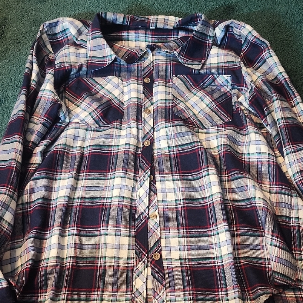 Maurices Plaid Button-Down Shirt in Navy, White & Burgundy
